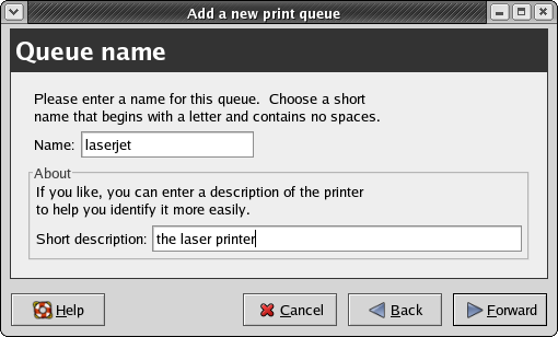 CUPS configuration: the Queue Name panel